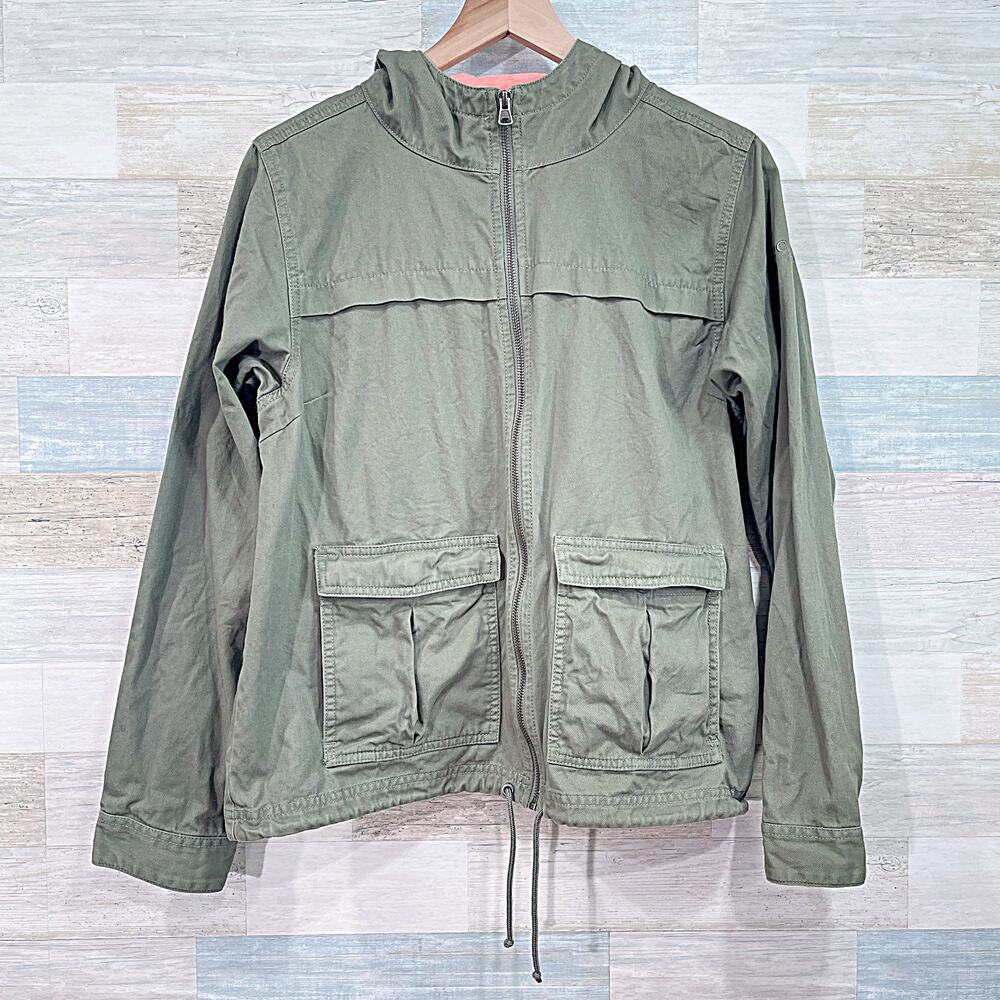 Columbia Hooded Utility Jacket Green Full Zip Pockets Cotton Twill Womens Medium